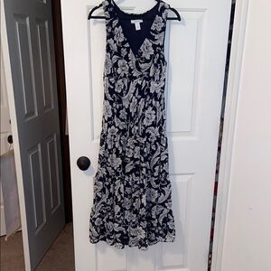 Floral Sleeveless Dress - Navy and White